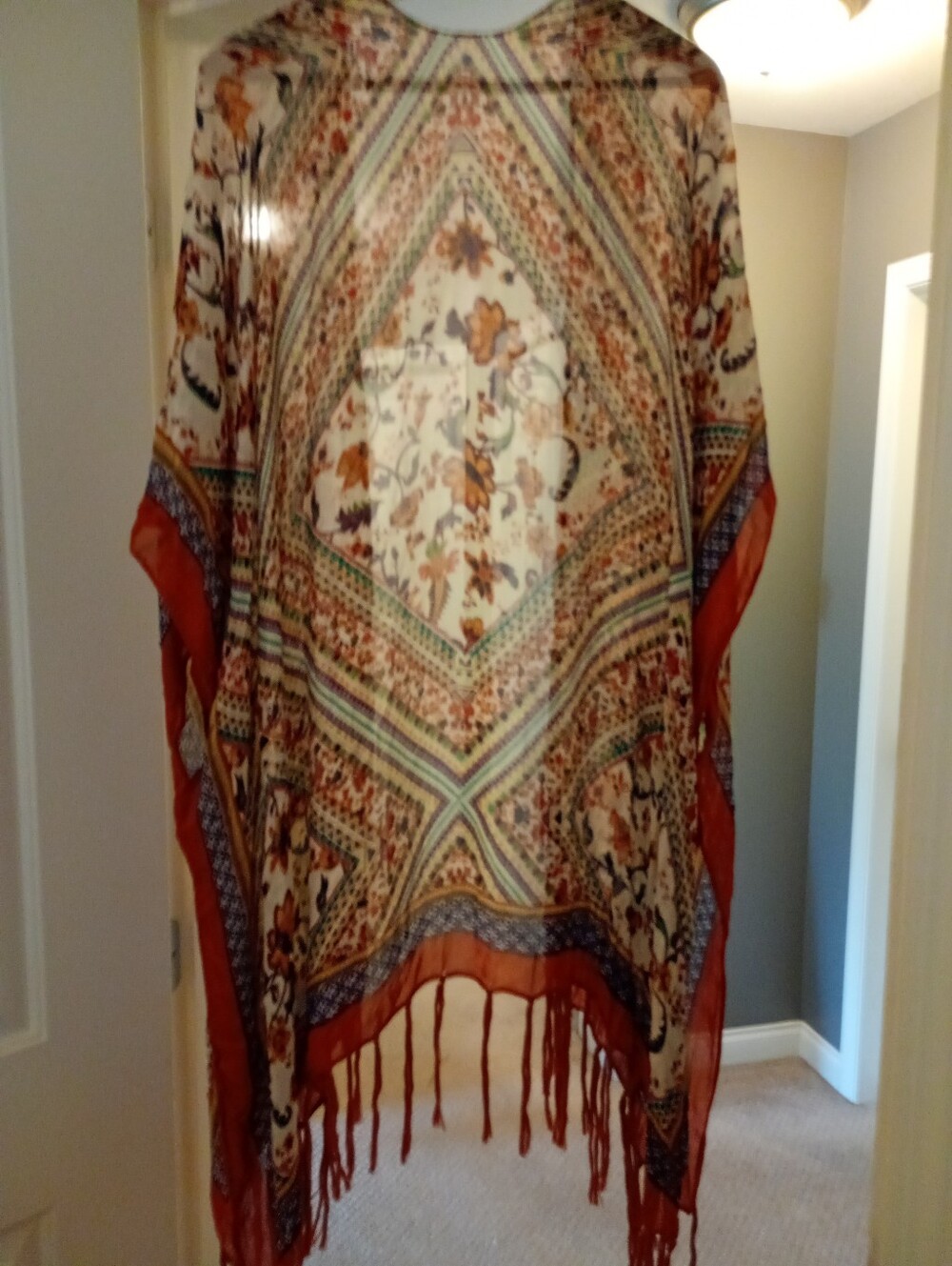 Boho Floral Fringe Kimono Cover-Up in Rust & Cream